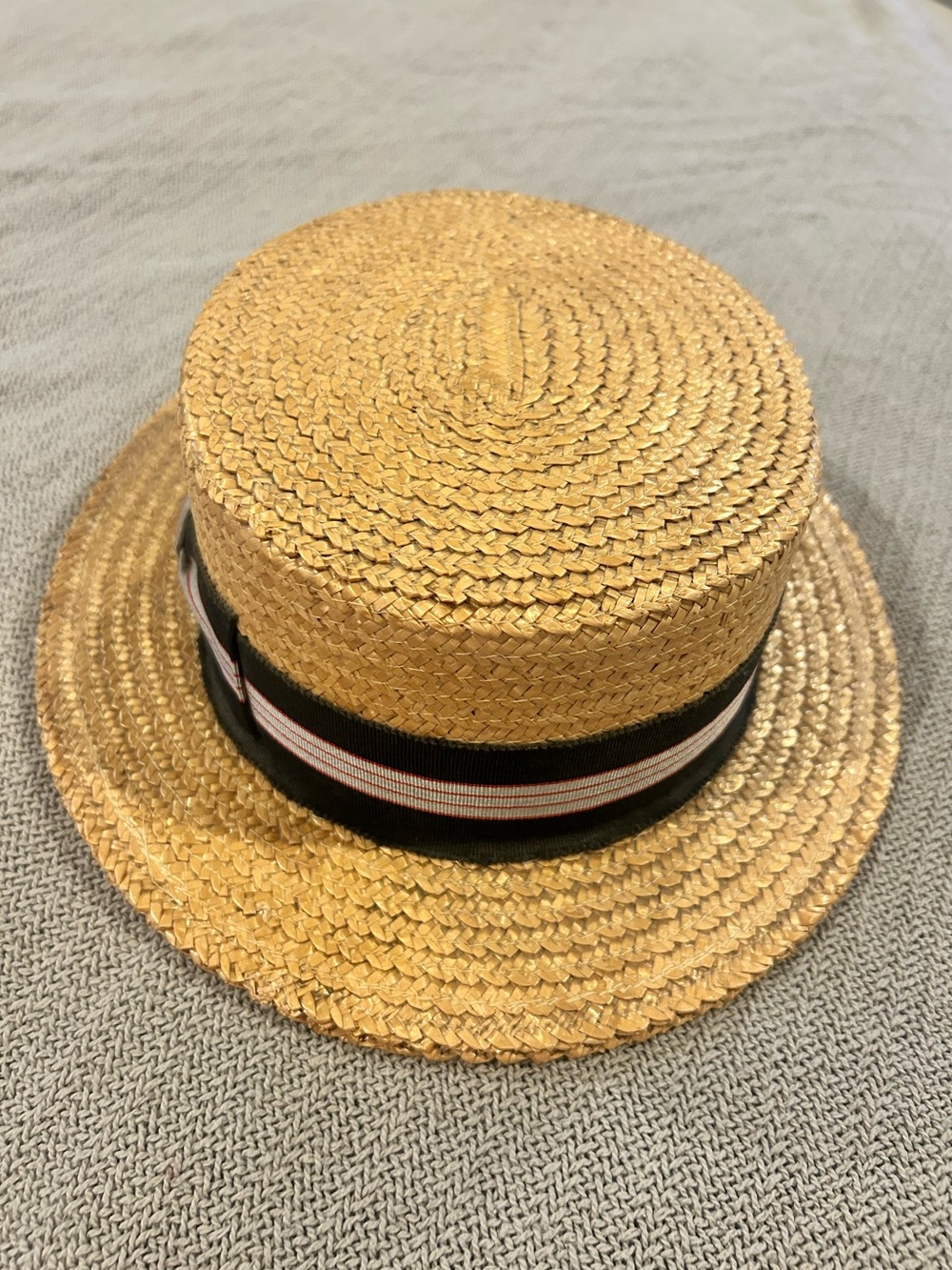 Vintage Men's Natural Straw Boater Hat with Black Ribbon